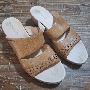 MERRELL Sandals Oat Straw Brown Leather Slide On Casual Woman’s Size 11‎